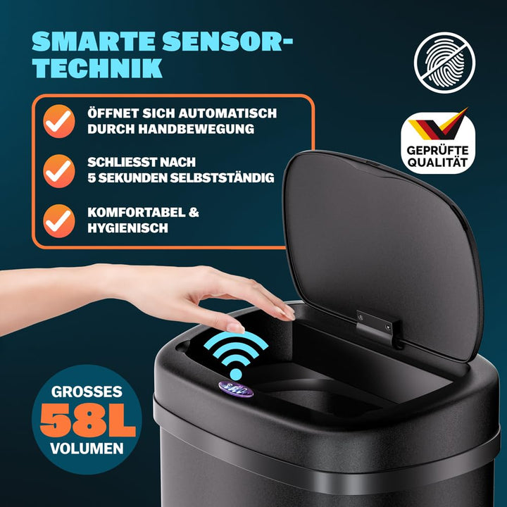 Monzana® Sensor Mülleimer Küche 58 L Automatik mit Bewegungssensor Soft-Close-Deckel Wasserdicht USB
