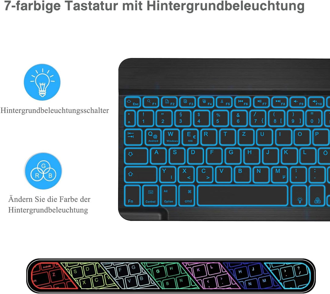 Bluetooth Tastatur mit Hintergrundbeleuchtung (Deutschem Layout QWERTZ), Ultraflache kabellose Tasta