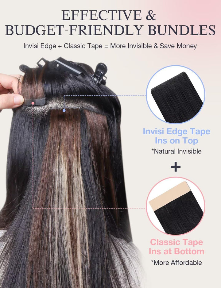 DOORES Injected Tape in Weft Haarverlängerungen, 35 cm 25 g 10 Stück, Tiefschwarz, innovative Injekt