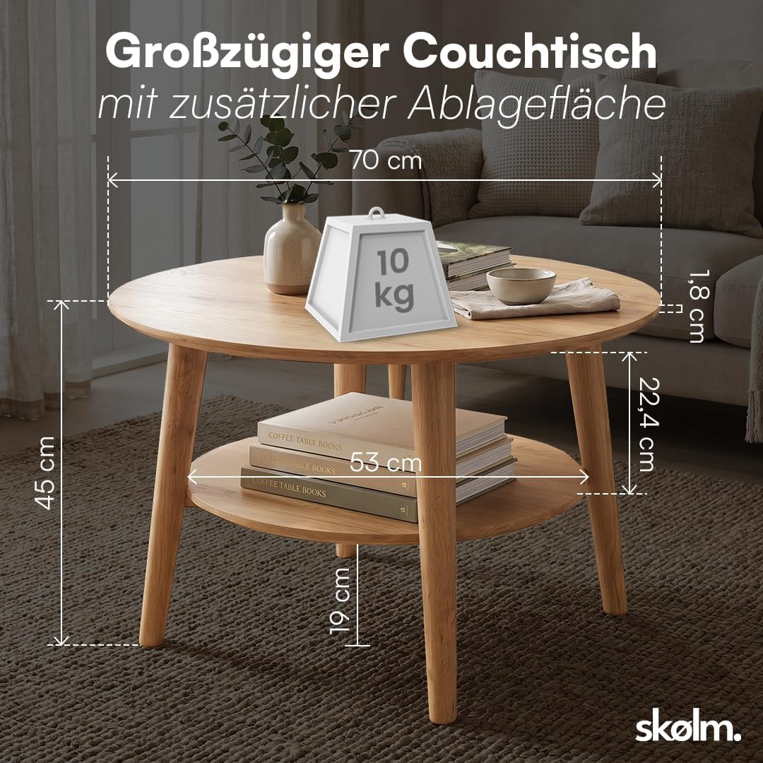 skølm Couchtisch rund Mjölnir, Wohnzimmertisch aus Eiche Massivholz, Beistelltisch für Wohnzimmer Du