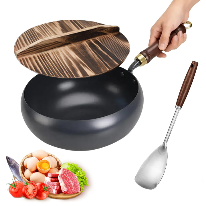 Japanische Eisenpanne 28 cm Eisenpfanne mit Deckel und Spatel Unbeschichtete Schmiedeeiserne Pfanne