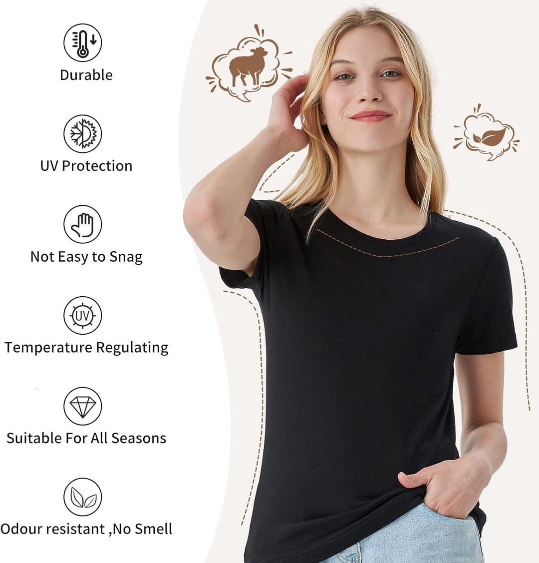 Merino Protect 100% Merino Wolle Shirt Damen Kurzarm Rundhals Wolle Unterhemd Geruchsresistenz Funkt