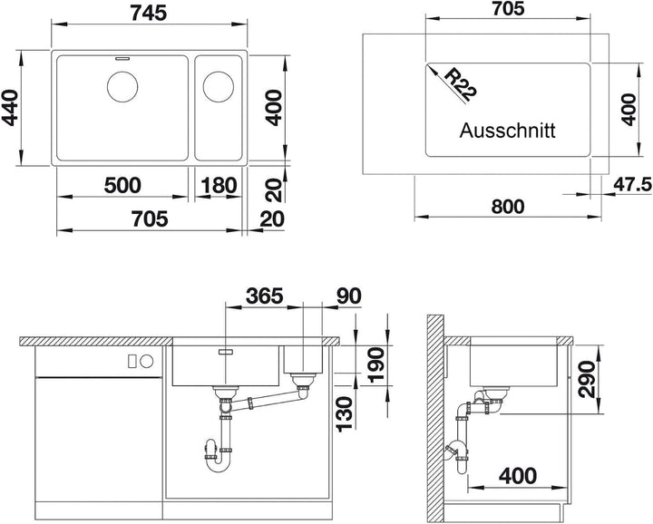 BLANCO ANDANO 500/180-U | Edelstahl | Einbauart: Unterbau | Hauptbecken links | ohne Ablauffernbedie