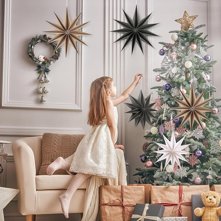 5 Stück Papiersterne Weihnachten Braun 30cm Grau 12 Zacken Papiersterne Faltsterne mit Klettverschlu