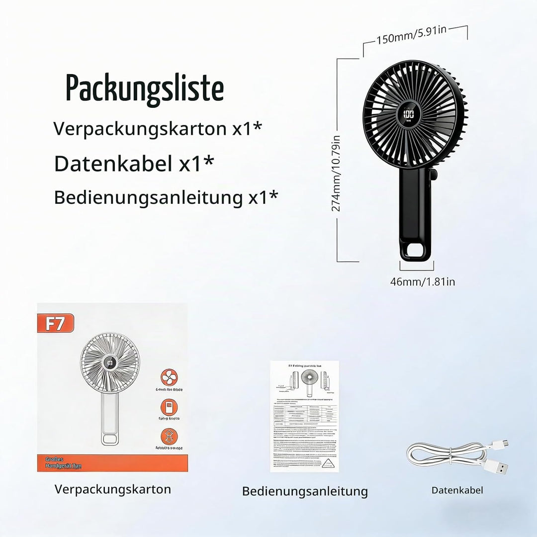 VanSmaGo Handventilator Akku Aufladbar, 5 Stufen USB Fan (Full Black) | Tisch/Hand/Reise, 8,5 Std. A