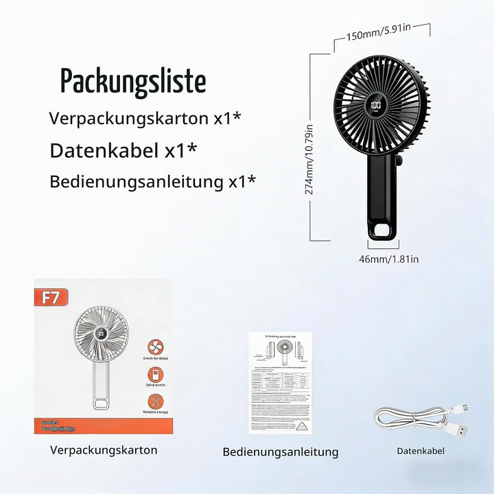 VanSmaGo Handventilator Akku Aufladbar, 5 Stufen USB Fan (Full Black) | Tisch/Hand/Reise, 8,5 Std. A