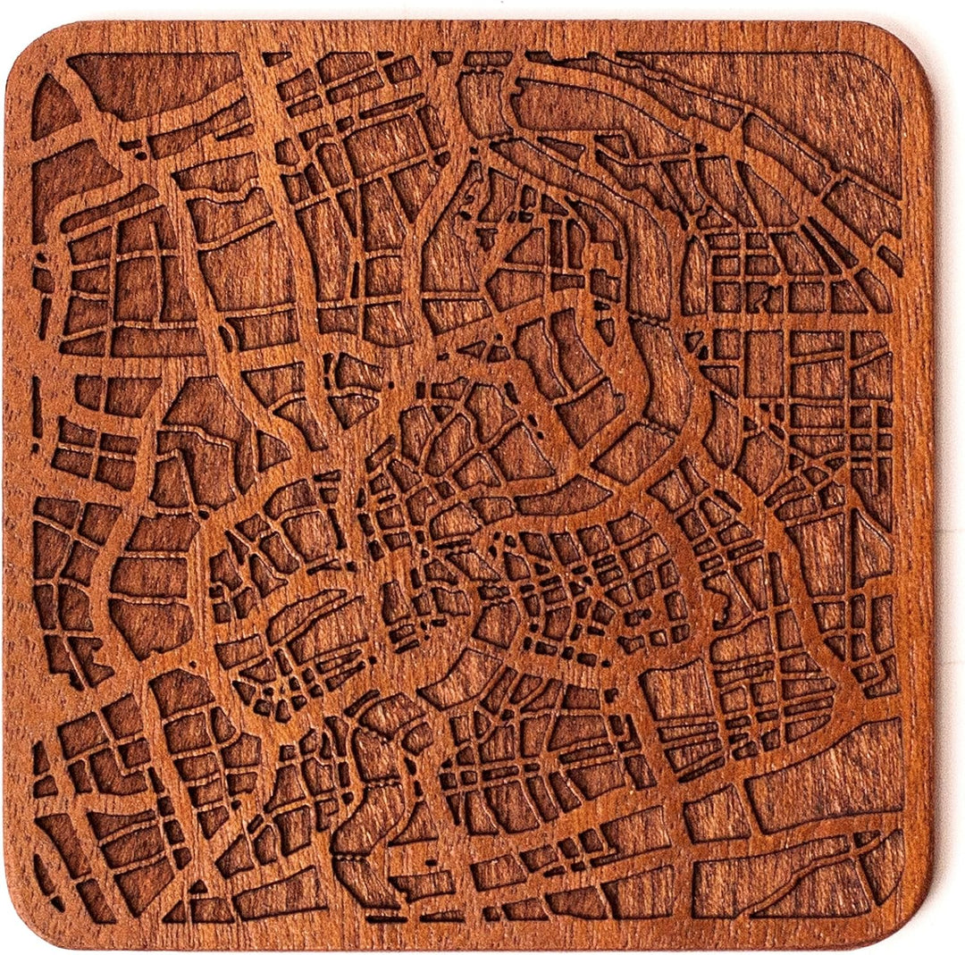 Shanghai Untersetzer mit Landkarte aus Sapeli-Holz, 4 Stück, mit Stadtkarte, mehrere Stadt optional,