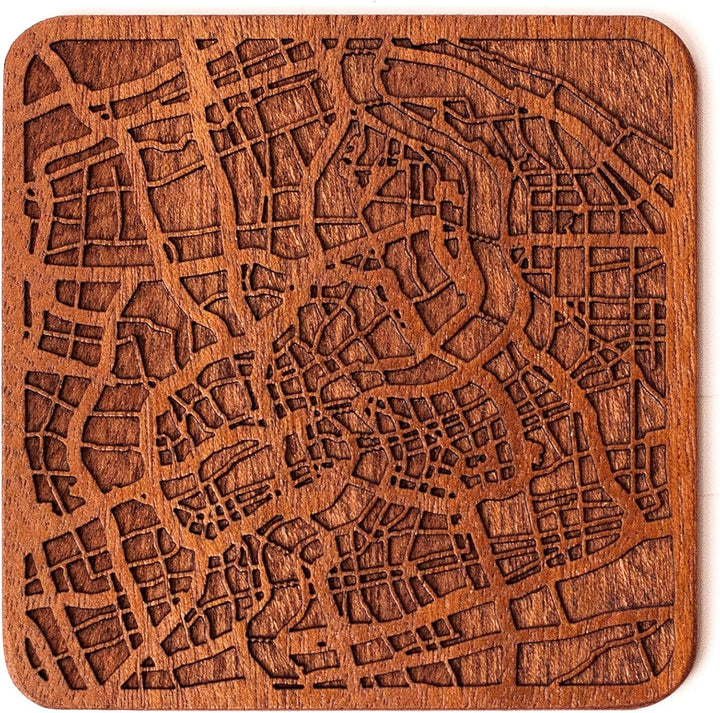 Shanghai Untersetzer mit Landkarte aus Sapeli-Holz, 4 Stück, mit Stadtkarte, mehrere Stadt optional,