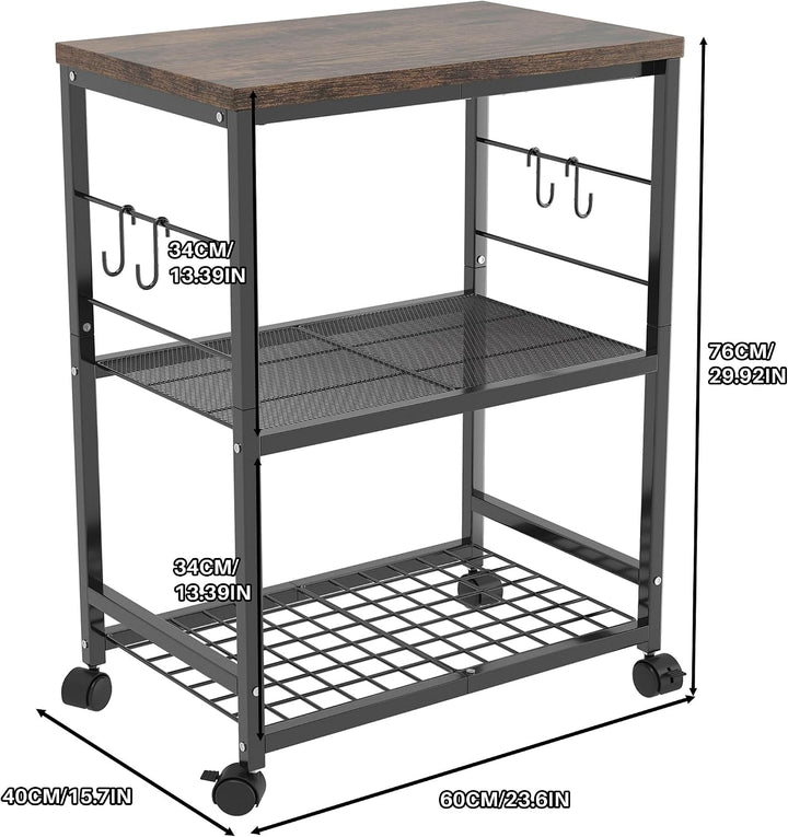 Metall Küchenregal mit Arbeitsplatte, 3 Ebenen Servierwagen mit Rollen für Mini-Backofen, Mikrowelle