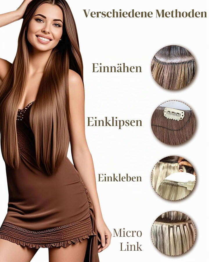 Hetto Extensions Tressen Echthaar Sew in Echthaar Tressen Extensions 40cm Schwarz Tressen Extensions
