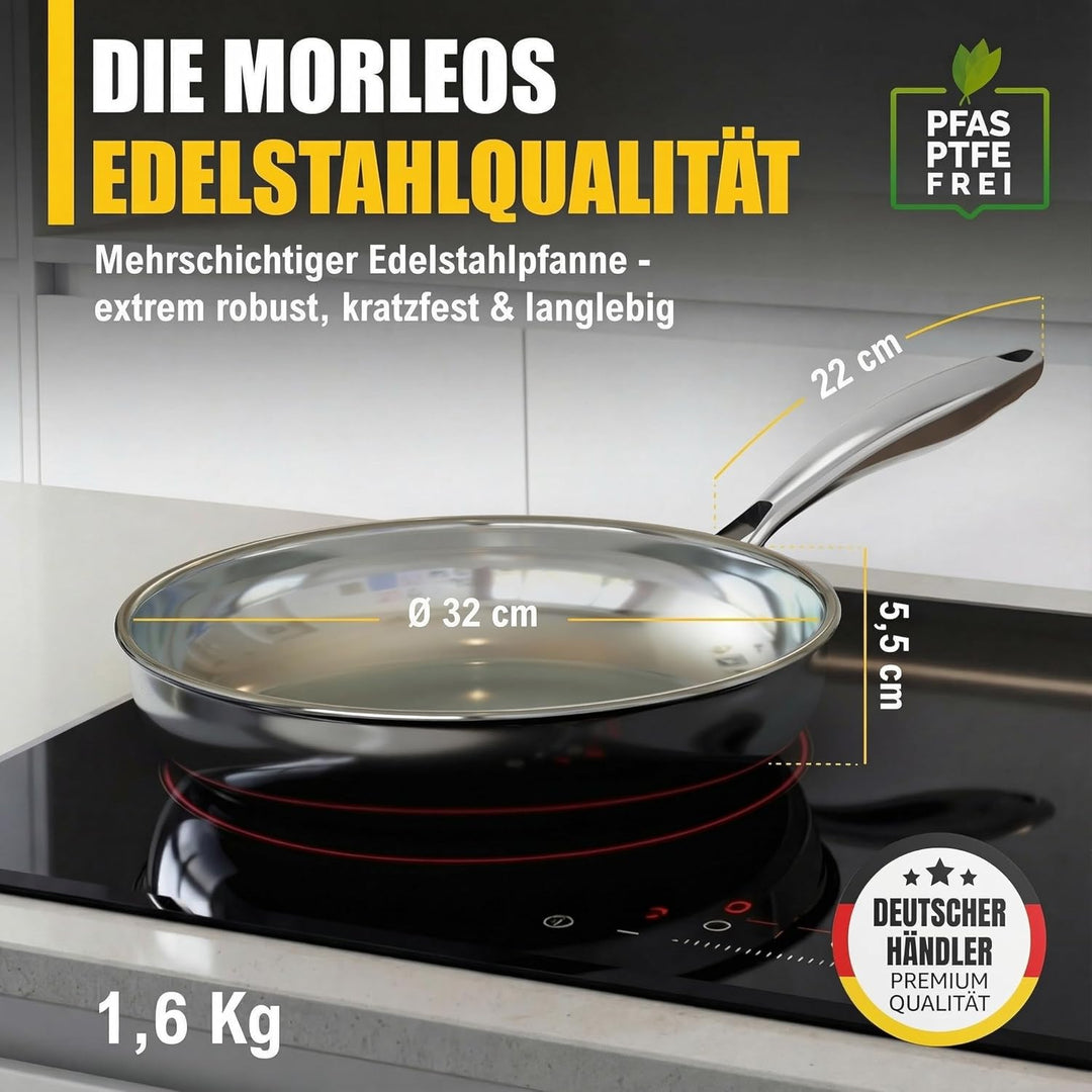 Edelstahlpfanne 32 cm Induktion unbeschichtet Bratpfanne ohne PFAS | Stainless Steel Pan mit hohem R
