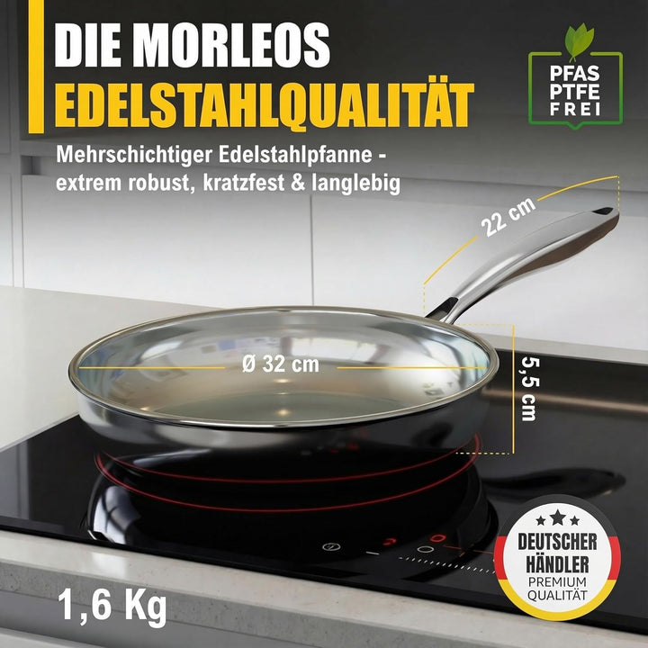 Edelstahlpfanne 32 cm Induktion unbeschichtet Bratpfanne ohne PFAS | Stainless Steel Pan mit hohem R