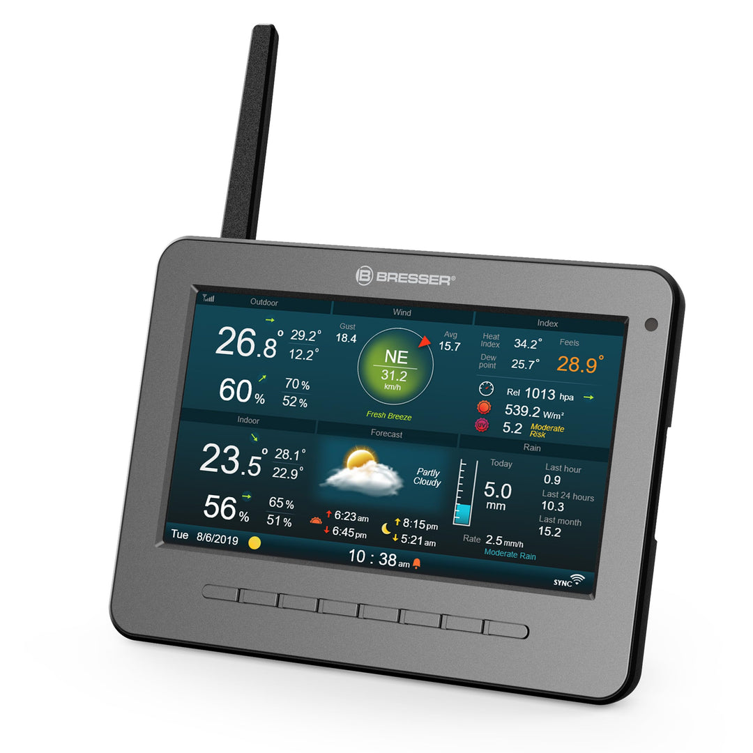Bresser Basisstation für WLAN Wetterstation mit 7-Zoll-Display, Wettervorhersage, Wecker, AWEKAS