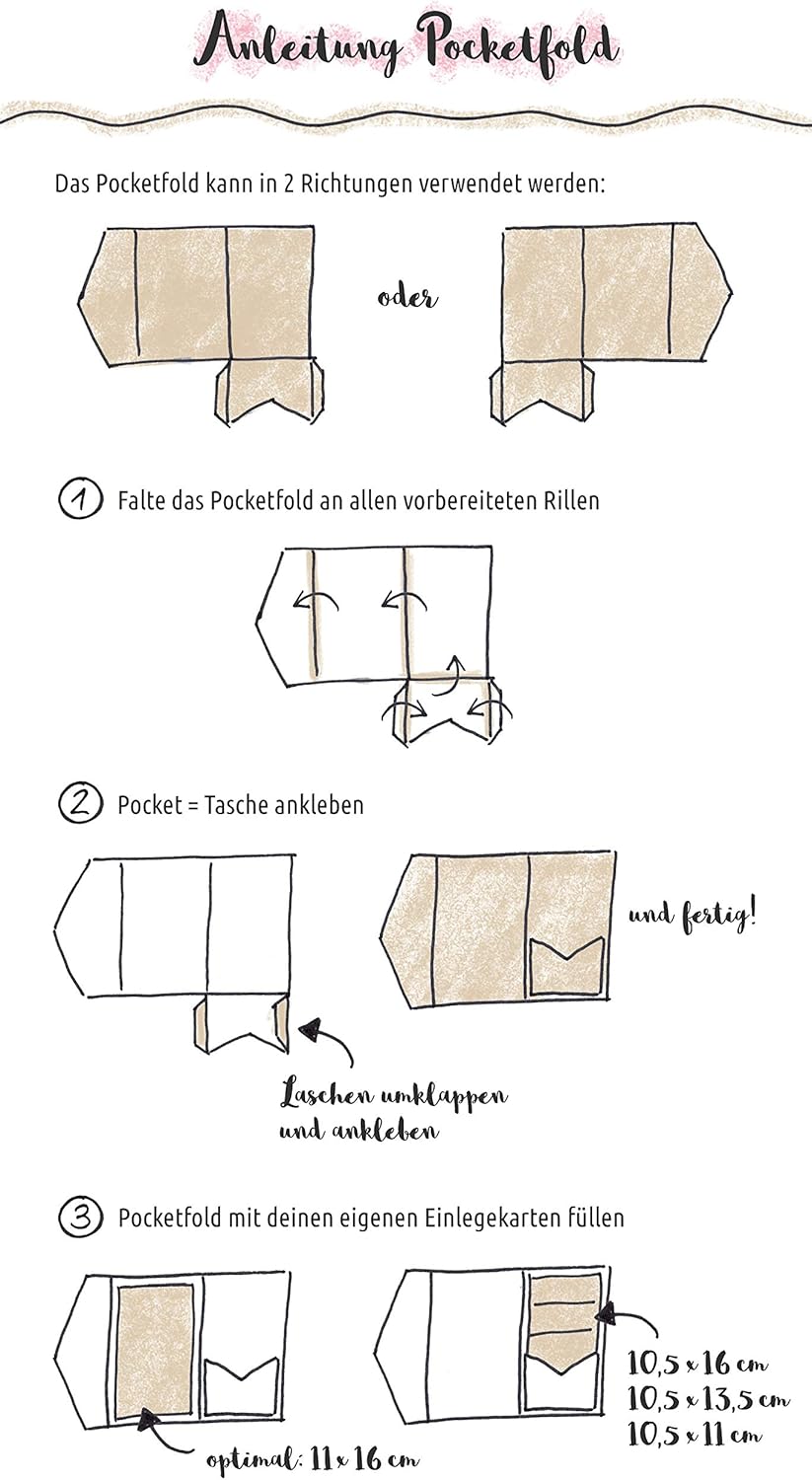 Hochzeit DIY Pocketfold Einladungskarten blanko mit Umschlägen - 20 Stück, Grösse B6 - Kraftpapier K