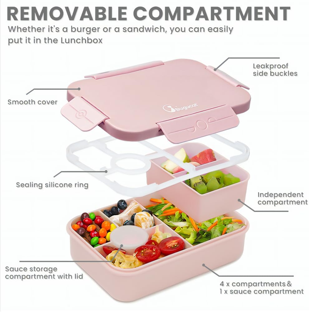 Bugucat Lunchbox Kinder 1300ML 2Set, Brotdose Kinder mit 5 Fächern Bento Box Brotdosen mit Besteckse
