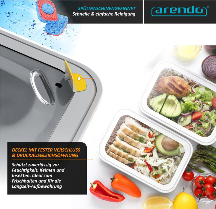 Arendo – Lunchbox - Vorratsdosen Set mit Deckel – 4 Dosen bis zu 4 Liter – Dampf-/Druckventil – inei
