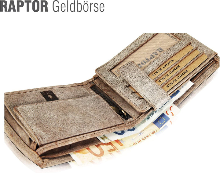 Raptor Herren-Geldbörse Echtleder Used Look Querformat grau 12x9 cm RA40003, Grau