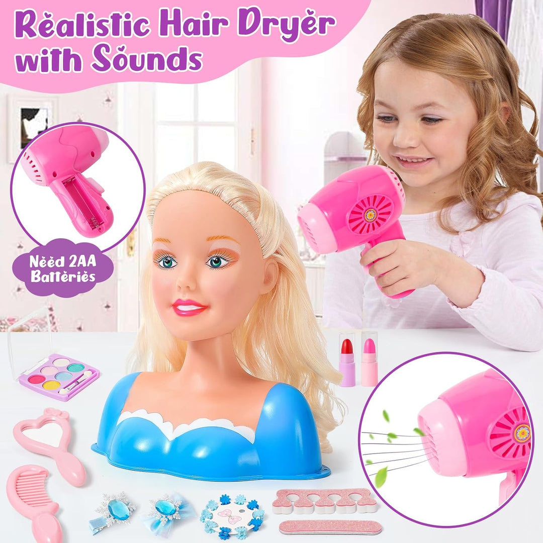 52PCS Schminkpuppe Frisierkopf Kinder Puppenkopf mit Krone Haartrockner Glätteisen Haarnadeln Schmin