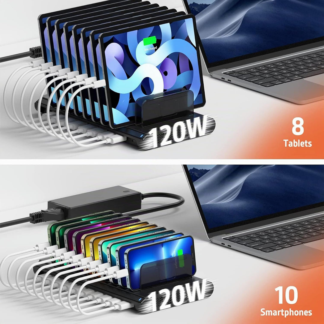 Alxum 120W USB Multi Mobile Ladestation mit QC 3.0 Schnellladung &amp; Typ C-Handy-Ladestation mit 10 An