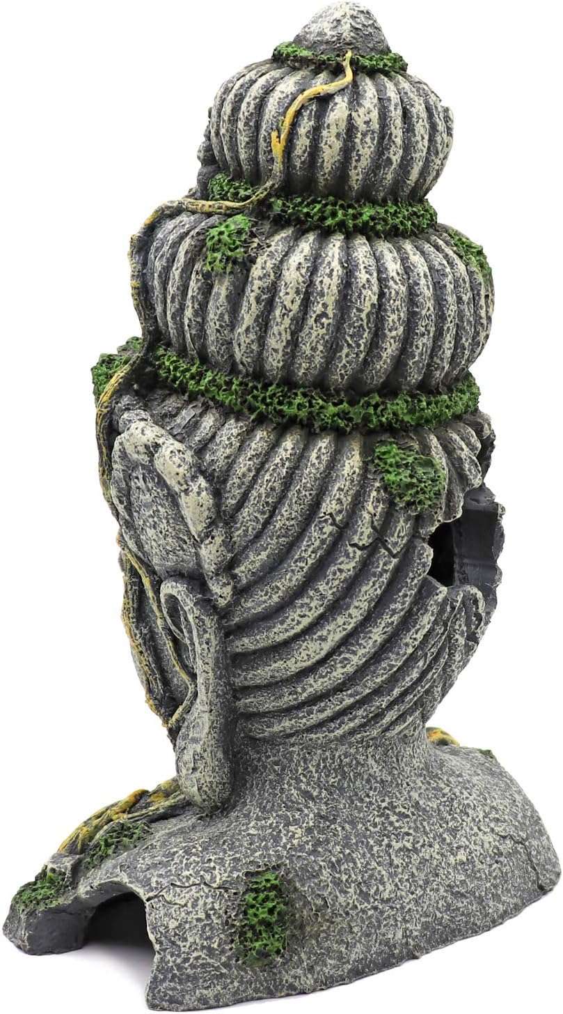 MUYIRTED Buddha Aquarium Dekoration Höhle Grosse Aquarium Ornamente, Grüne Moos Pflanze Bedeckt Stei