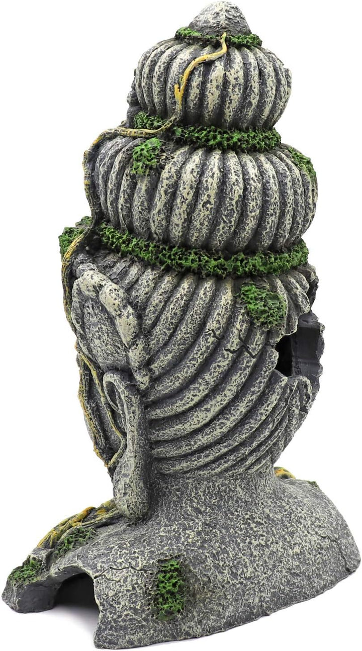 MUYIRTED Buddha Aquarium Dekoration Höhle Grosse Aquarium Ornamente, Grüne Moos Pflanze Bedeckt Stei