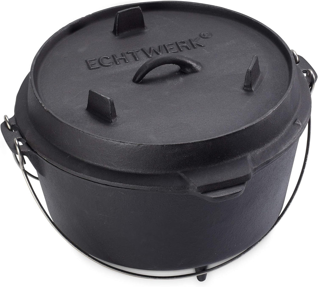 Echtwerk EW-GE-1225 Dutch Oven BBQ Kochtopf ca. 8 L, Bereits eingebrannt - preseasoned, Deckel mit E