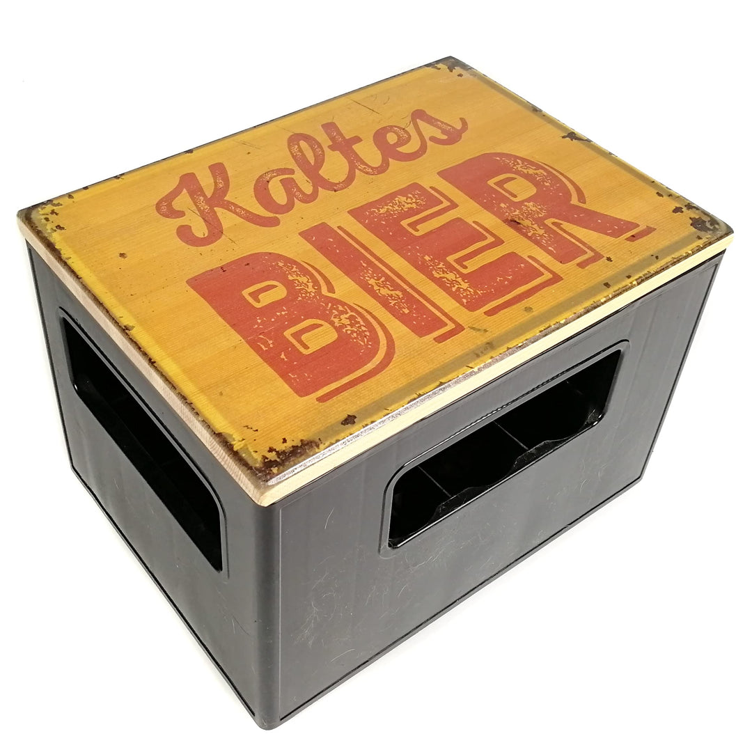 Bierkastensitz, Outdoor Hocker, Vintage Sitzauflage aus Holz für Getränkekisten mit Kaltes Bier als