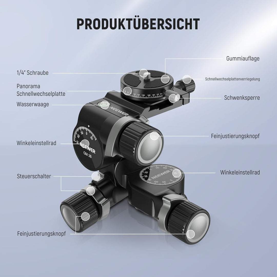 NEEWER TH15 3-Wege-Getriebe-Stativkopf mit 360°-Panorama-Arca-QR-Platte, Millimeter-Mikroeinstellung