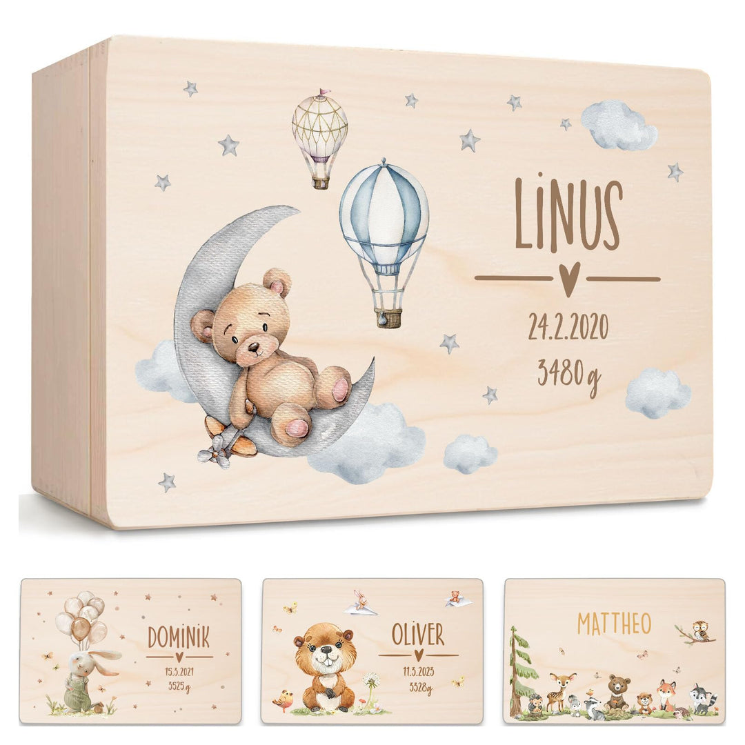 Little Deco Personalisierte Erinnerungskiste Baby, Erinnerungsbox mit Bär & Mond | M - 30 x 20 x 13