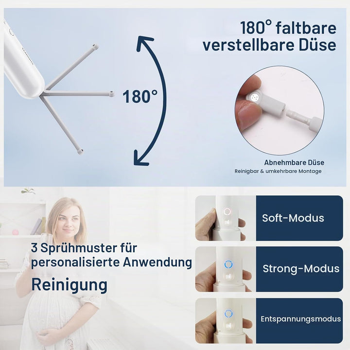 Tragbares Bidet für Reisen - USB-C Wiederaufladbar, 3 Modi, 400 ml, Wasserdichter Sprüher + 2 Düsen