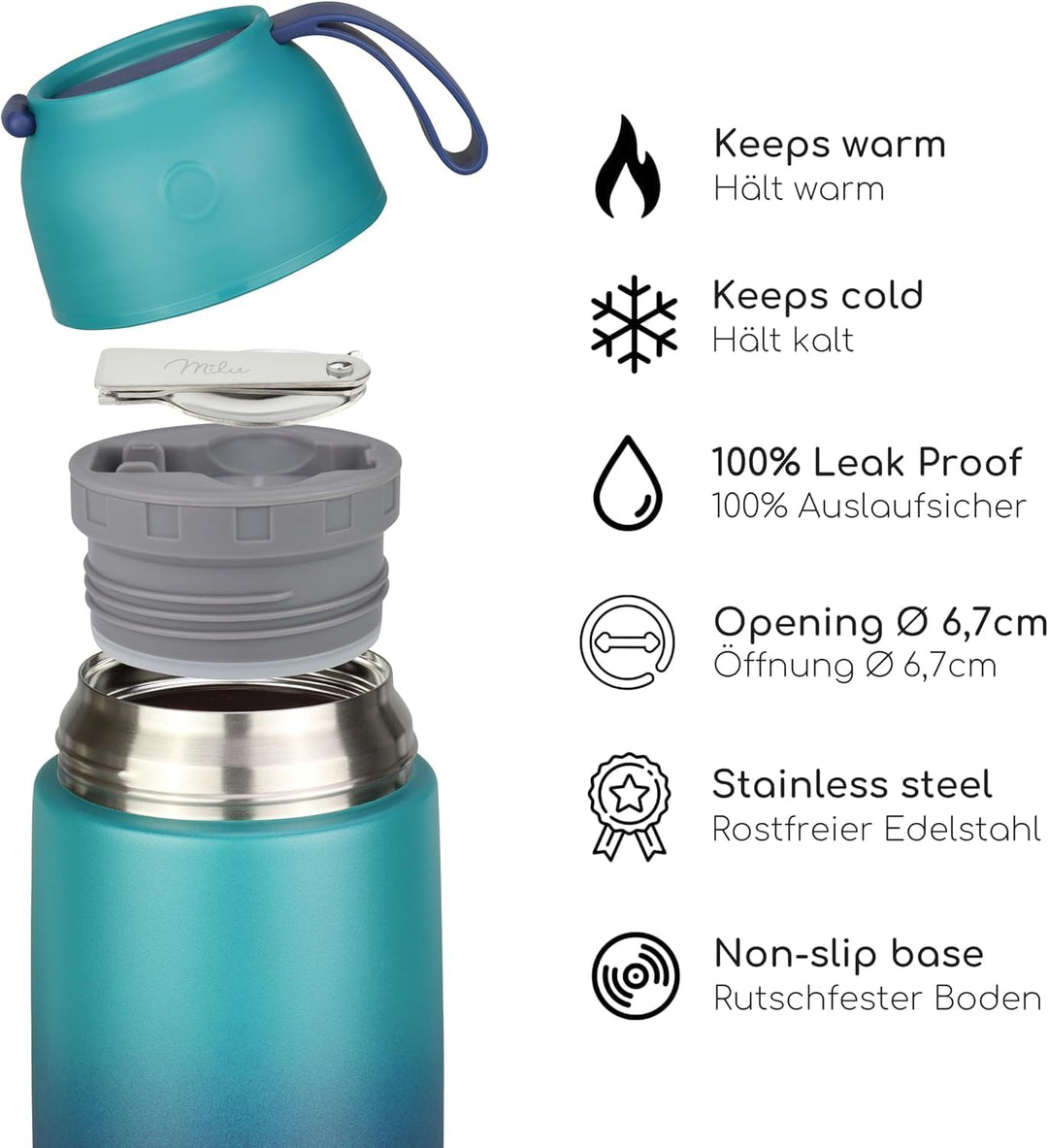 Milu® Thermobehälter für Essen 650ml, Edelstahl, Thermo Lunchbox, Suppenbehälter to go, Thermobox, T