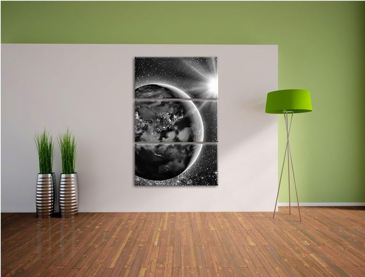 Pixxprint Monocrome, Erde im Weltall 3-Teiler Leinwandbild 120x80 Bild auf Leinwand