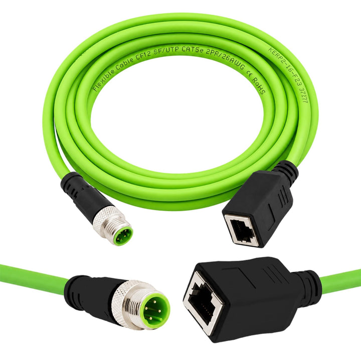 M12 auf RJ45 Adapterkabel (3m), Industrial Ethernet Cat5e D-Code 4-polig, M12 Stecker zu RJ45 Buchse