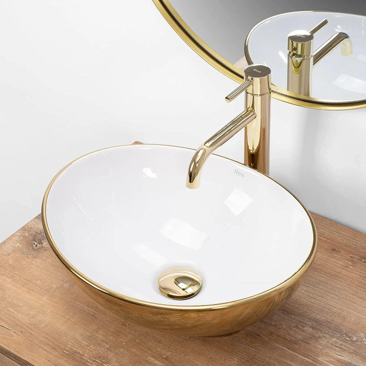 VBChome Badmöbel 60 cm Weiss Aufsatzwaschbecken Gold-Weiss 41x35 cm Aufsatzwaschtisch mit Waschbecke