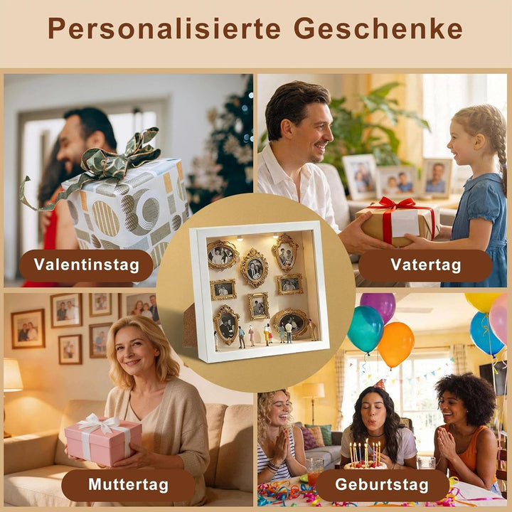DIY-Mini-Museums-Silhouettenbox Foto-Erinnerungsset:Bilderrahmen mit LED-Licht, 8 Mini-Goldrahmen 8