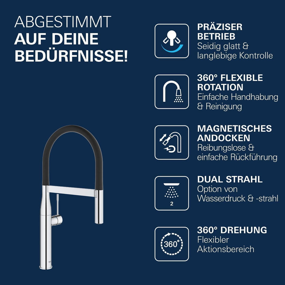 GROHE Essence, Küchenarmatur 2 Strahlarten (Wasserhahn Küche mit ausziehbarer Profibrause und magnet