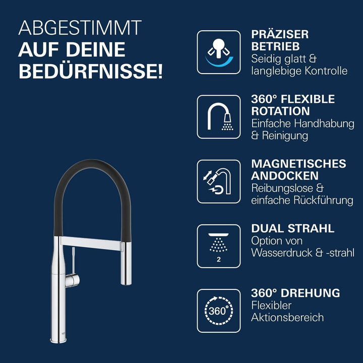 GROHE Essence, Küchenarmatur 2 Strahlarten (Wasserhahn Küche mit ausziehbarer Profibrause und magnet