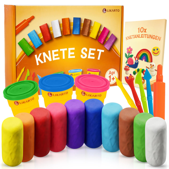 Veganes Knete Set für Kinder ab 1 Jahr - [10 Farben, 5 Werkzeuge, 10 Anleitungen] - Extraweiche & un