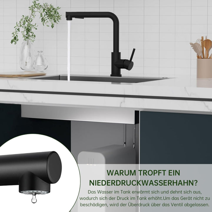 DAYONE Schwarz Niederdruck Wasserhahn Küche, Niederdruck Armatur Küche Ausziehbar 3 Anschlüsse, 2 St
