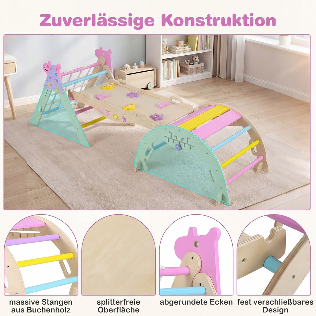 GOPLUS 8-in-1 Klettergerüst Indoor, Kletterdreieck Holz, 4er Set Kletterspielzeug mit Kletternetz, K