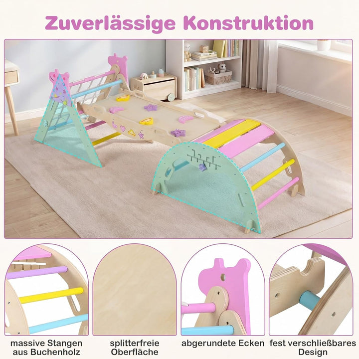 GOPLUS 8-in-1 Klettergerüst Indoor, Kletterdreieck Holz, 4er Set Kletterspielzeug mit Kletternetz, K
