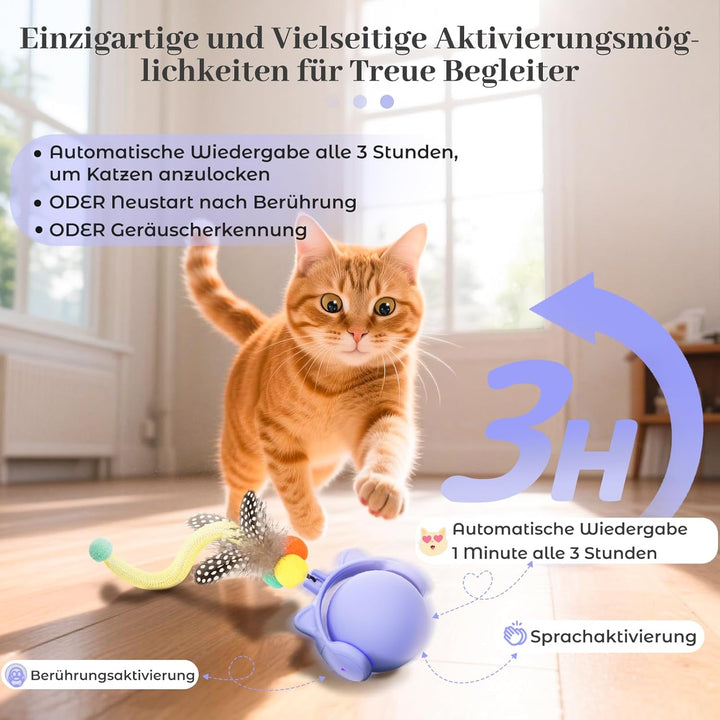 GoldenSun Katzenspielzeug, Automatisch Rollender Ball mit Federschwanz für Hauskatzen, Bewegungsakti