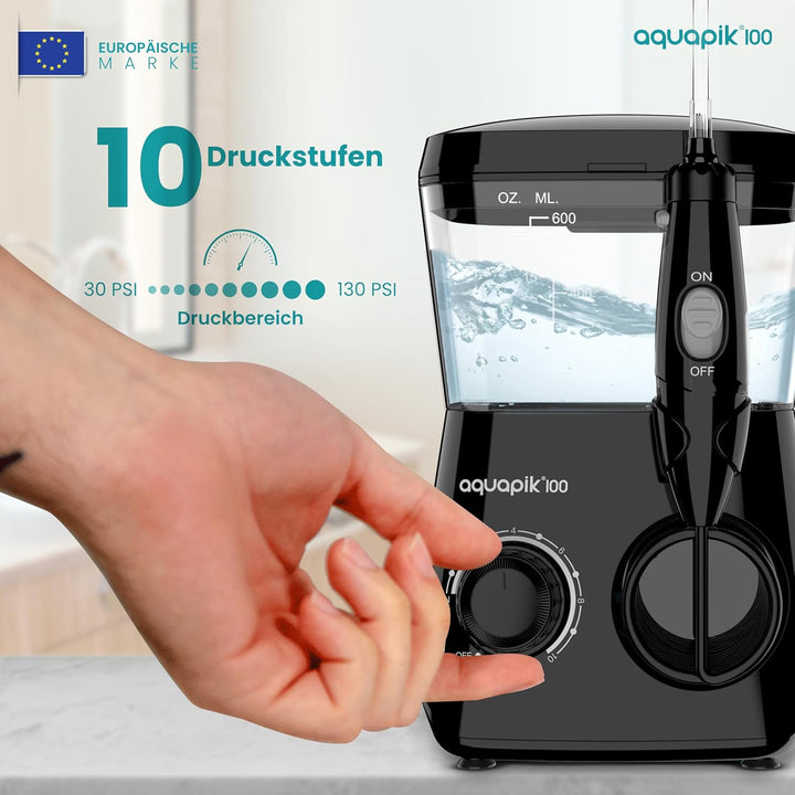 Aquapik® 100 professionelle Munddusche | Plaqueentferner + von Zahnärzten empfohlen | 8 Düsen, 10 Dr