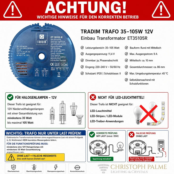 Elektronischer Halogen Trafo 35-105W 12V/230V Rund ET35105R Einbau Transformator Halogen