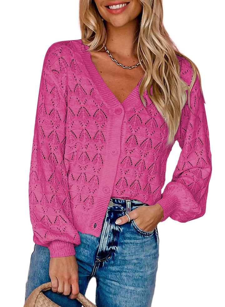 Dokotoo Damen Strickjacke V-Ausschnitt Kurzer Cardigan Elegant Langarm Leichter Strickpullover mit K