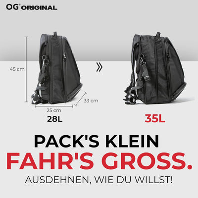 OG Original EZ-RiderPRO Motorrad Rucksack Schwarz Erweiterbar 28-35L, Motorradhelm-Tasche, Helm-Trag