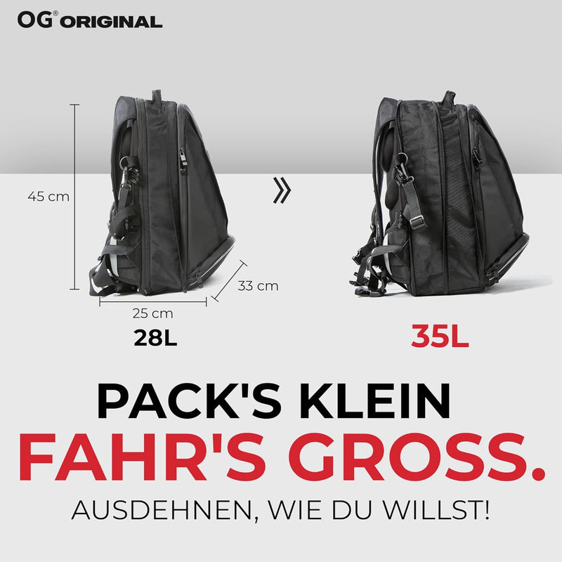 OG Original EZ-RiderPRO Motorrad Rucksack Schwarz Erweiterbar 28-35L, Motorradhelm-Tasche, Helm-Trag