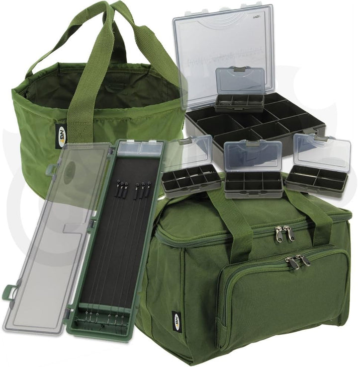 NGT Karpfen-Angelset, 4+1-Angelkasten-Set, Tragetasche Quickfish, Stiff-Rig-Kasten, Fischbehälter