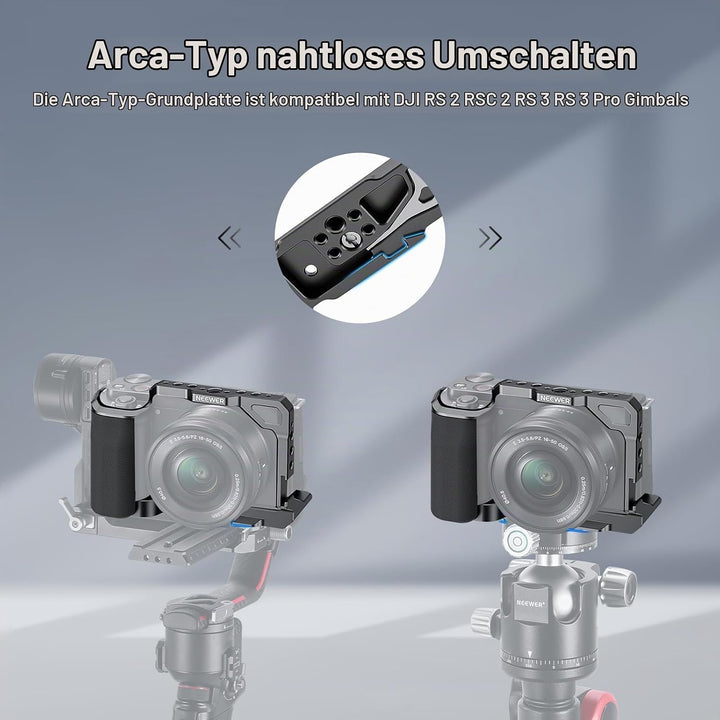 NEEWER ZV-E10 Kamerakäfig mit Silikongriff, 1/4" Gewinde, 3/8" ARRI Positionierungslöcher, Arca Typ