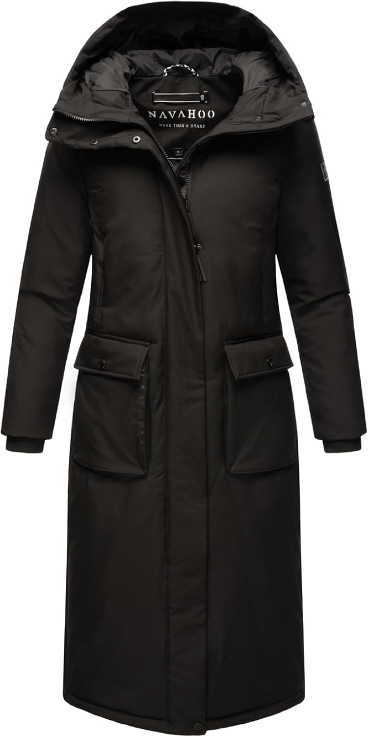 Navahoo Damen Wintermantel Warmer Mantel extralang mit Kapuze Wolkenfrost XIV XS-XXL XL Schwarz, XL